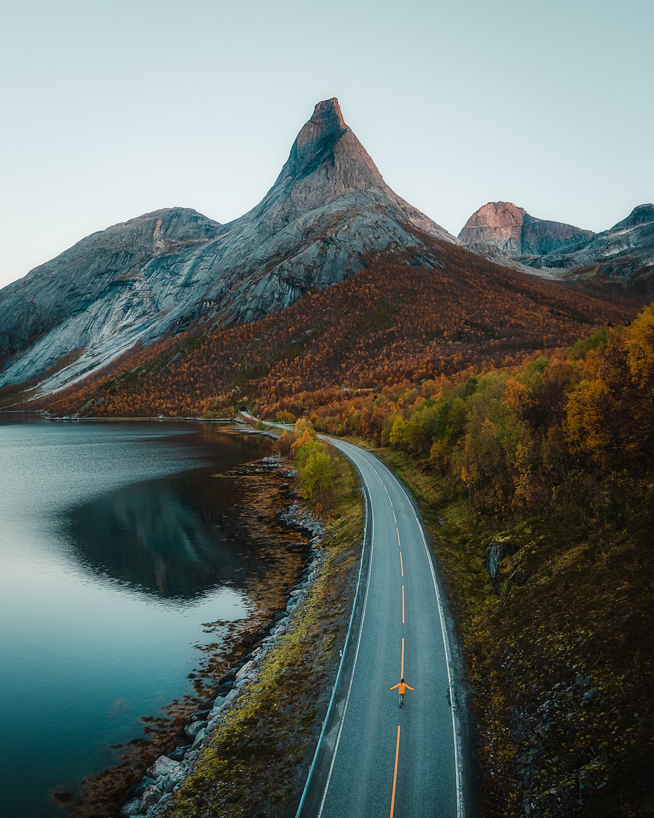 Drone photo of road leading to Stetind mountain in Norway